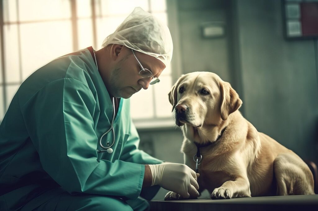 dog, human, vet, clinic, animal, vaccination, love, pet, caution, affection, friendship, doctor, man, ai generated
